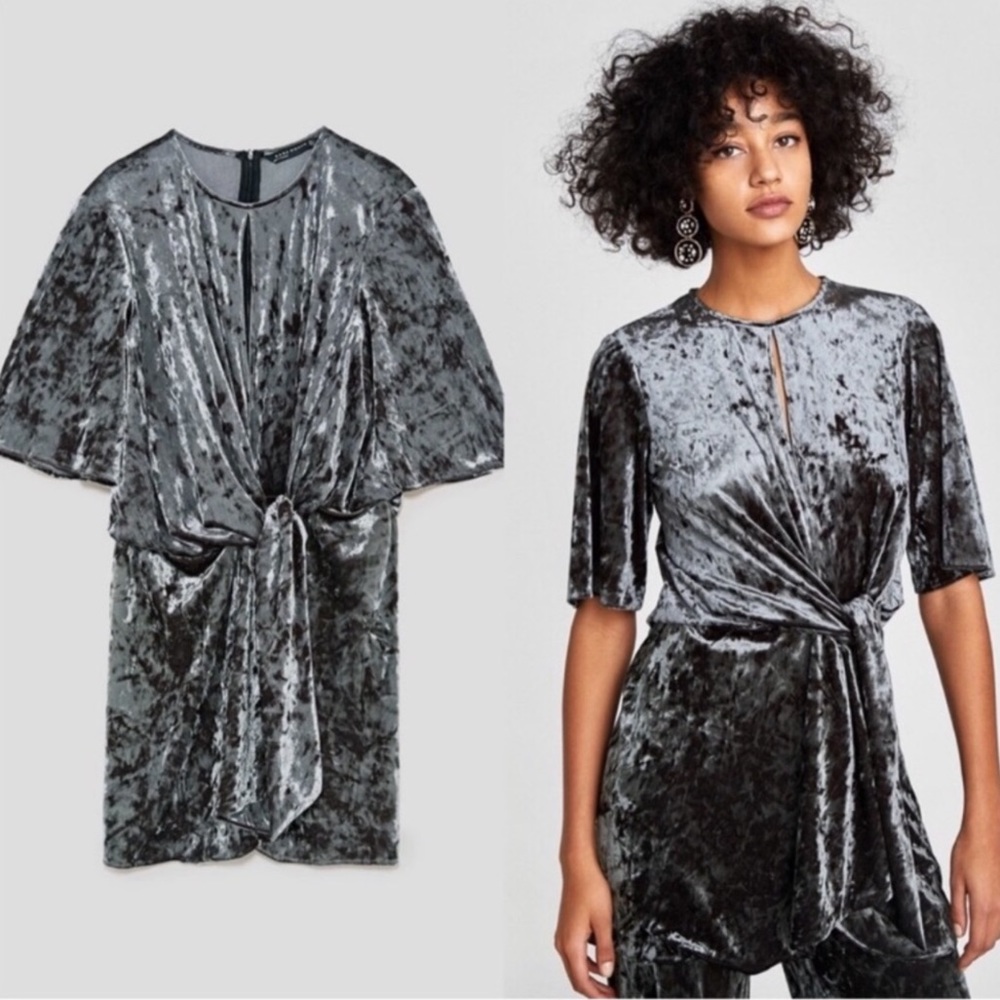 ZARA Charcoal Gray Crushed Velvet Tunic With Keyhole Opening - Size S